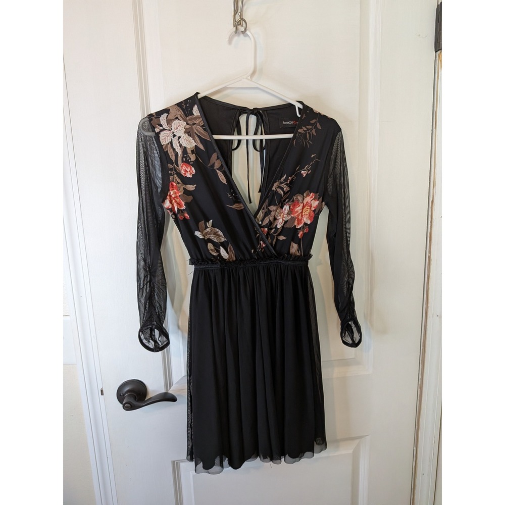 Teeze Me‎ Black Floral Mesh Long Sleeve Fit & Flare Mini Dress Tie Back Ruched